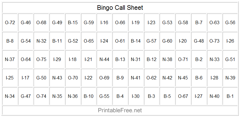 bingo call sheet pdf